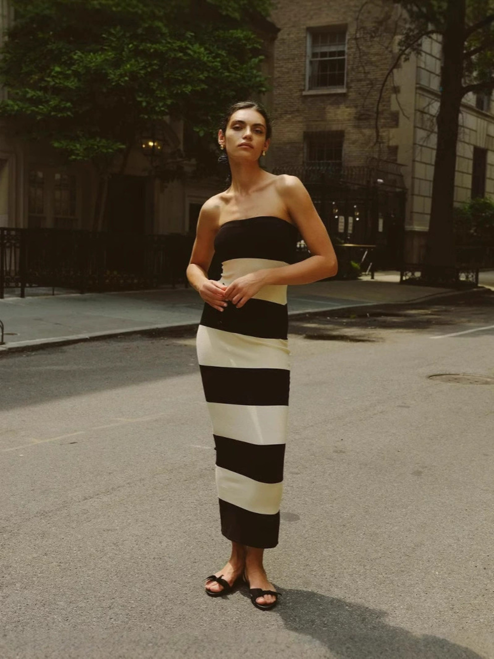 Zara Vacation Black White Strapless Striped Contrast Knit Maxi Dress